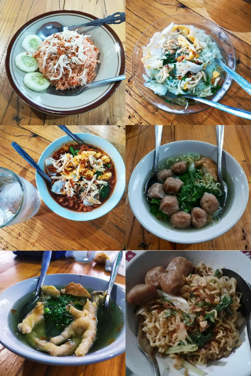 Nasi goreng, Mie Goreng, Mie Kuah, Bakso, Rawon.